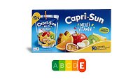 Zwar sind bunte Früchte prominent auf der Verpackung abgebildet – die Capri Sun Multivitamin enthält jedoch lediglich 12 Prozent Frucht und dafür ganze 9 Prozent Zucker, somit auch reichlich Kalorien – daher wird sie mit dem schlechtesten Nutri-Score E bewertet. Bild: Zwar sind bunte Früchte prominent auf der Verpackung abgebildet – die Capri Sun Multivitamin enthält jedoch lediglich 12 Prozent Frucht und dafür ganze 9 Prozent Zucker, somit auch reichlich Kalorien – daher wird sie mit dem schlechtesten Nutri-Score E bewertet.