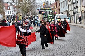 Impressionen vom Faschingsumzug in Bad Langensalza. Bunt angezogene Menschen und geschm&uuml;ckte Wagen
