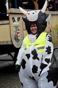 Impressionen vom Faschingsumzug in Bad Langensalza. Bunt angezogene Menschen und geschm&uuml;ckte Wagen