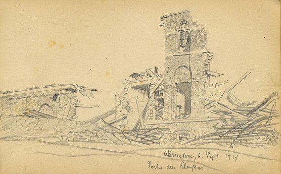 Gustav Wolf-Weifa: Warneton, 6. Sept. 1917, Partie am Kloster. � (Foto: Foto: Museum)