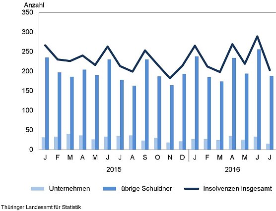 Gemeldete Insolvenzverfahren von Januar 2015 bis Juli 2016 (Foto: TLS) Gemeldete Insolvenzverfahren von Januar 2015 bis Juli 2016 (Foto: TLS)