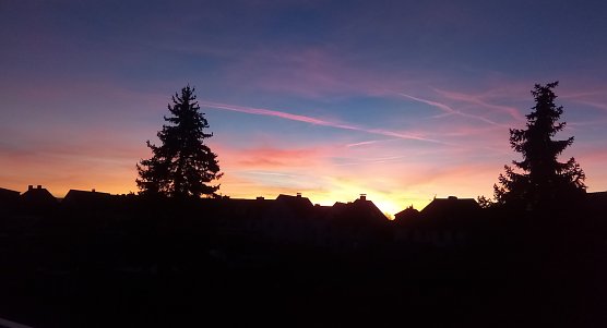 Sonnenuntergang mit Flugzeug-Kondensstreifen &uuml;ber Nordhausen (Foto: Rosalinde Frank)