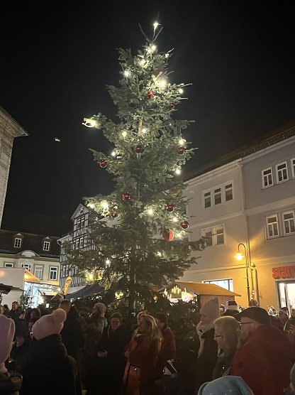 Vielleicht Deutschlands ber&uuml;hmtester, definitiv aber sehenswerter Weihnachtsbaum am Neumarkt (Foto: oas)