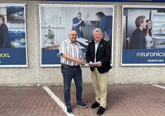 Eckhard Moschcau, Gesch&auml;ftsf&uuml;hrer von euronics XXL, und der Nordth&uuml;ringer IHK-Chef Christian B&ouml;duel pr&auml;sentieren die Umfrageergebnisse des Fr&uuml;hjahrs 2025s   (Foto: oas)