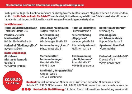 Diese Gastgeber öffnen ihre Türen. (Foto: Grafik: Touristinformation Mühlhausen) Diese Gastgeber öffnen ihre Türen. (Foto: Grafik: Touristinformation Mühlhausen)