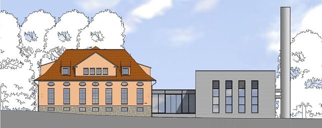 Bild: Das sanierte Technikgeb&auml;ude links und das neue (bereits 2015 fertiggestellte) Kesselhaus rechts � aus s&uuml;dlicher Perspektive der Bundesstra&szlig;e.