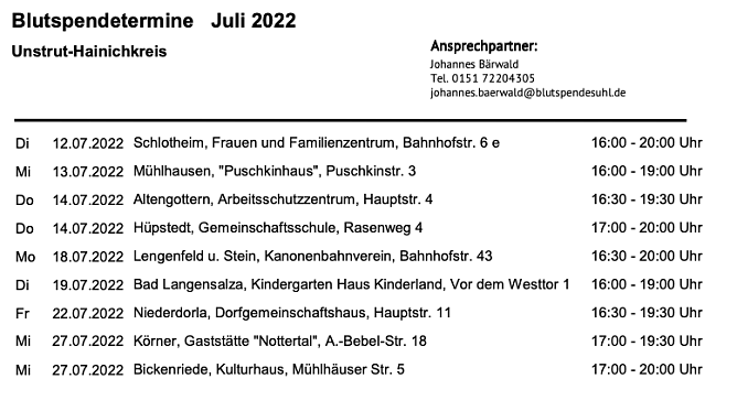 Termine (Foto: Institut für Transfusionsmedizin Suhl ) Termine (Foto: Institut für Transfusionsmedizin Suhl )