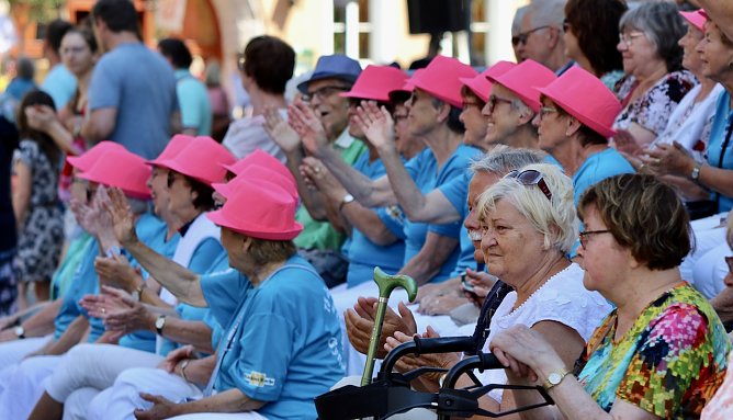 Begeisterte Zuschauer auf der Trib&uuml;ne vor der Marktkirche beim 210. Brunnenfest in Bad Langensalza  (Foto: Eva Maria Wiegand)