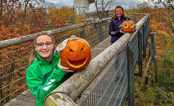 Sandy-Ann Bergmann und Diana Ludwig (v.l.n.r.) vom Team des Baumkronen- pfades pr&auml;sentieren zwei schaurig sch&ouml;ne K&uuml;rbisgesichter.  (Foto: KTL Kur und Tourismus Bad Langensalza GmbH)
