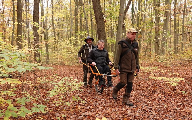 Auf dem Wanderrollstuhl Joelette l&auml;sst sich auch im Herbst auf feuchten und rutschigeren Wegen der Wald vortrefflich erleben. Das best&auml;tigen der Inklusionsbotschafter Marco Pompe (Mitte) sowie die Ranger Christian Sch&ouml;pke (links) und Christian Volk. (Foto: Lisa M&auml;der)