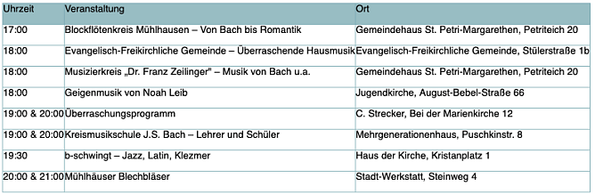 Programm zur langen Nacht der Hausmusik in M&uuml;hlhausen (Foto: Stadt M&uuml;hlhausen)
