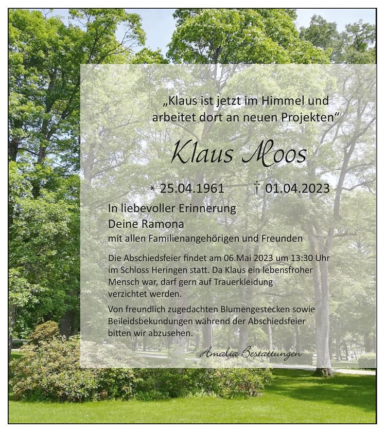 Traueranzeige Klaus Moos (Foto: Amalia Bestattungen)