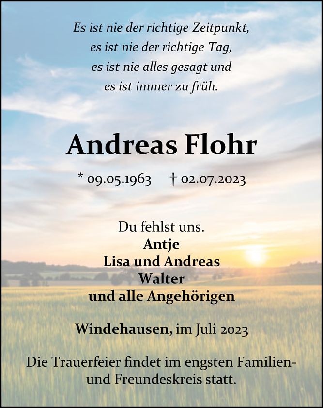 Traueranzeige Andreas Flohr (Foto: Bestattungshaus Eckhard Schade)
