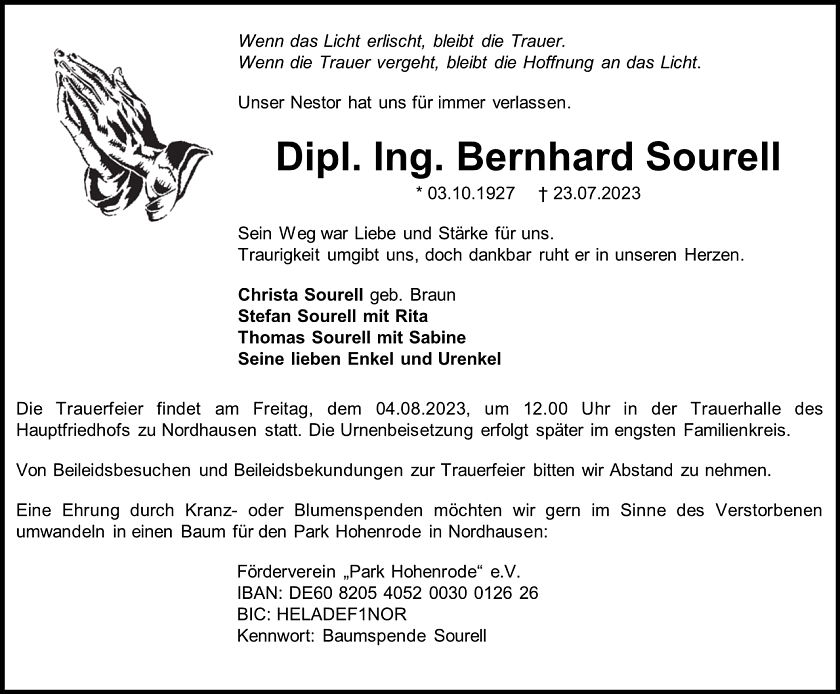 Traueranzeige Bernhard Sourell (Foto: Bestattungshaus Eckhard Schade)