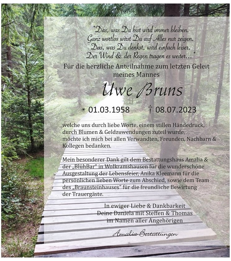 Danksagung Uwe Bruns (Foto: Amalia Bestattungen)