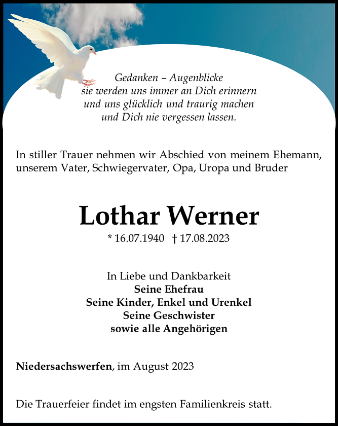 Traueranzeige Lother Werner (Foto: Bestattungshaus Eckhard Schade)
