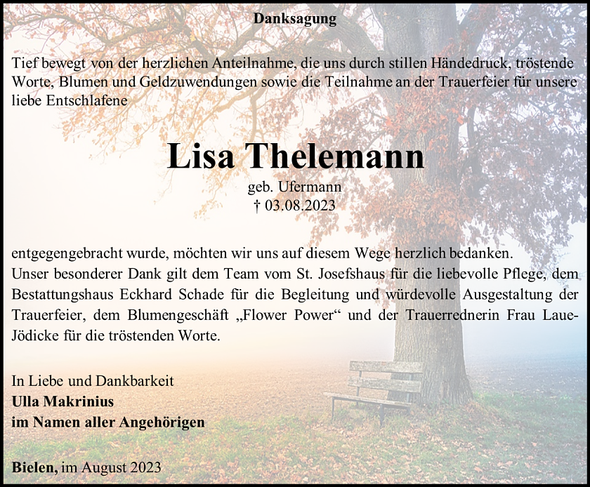 Danksagung Lisa Thelemann (Foto: Bestattungshaus Eckhard Schade)