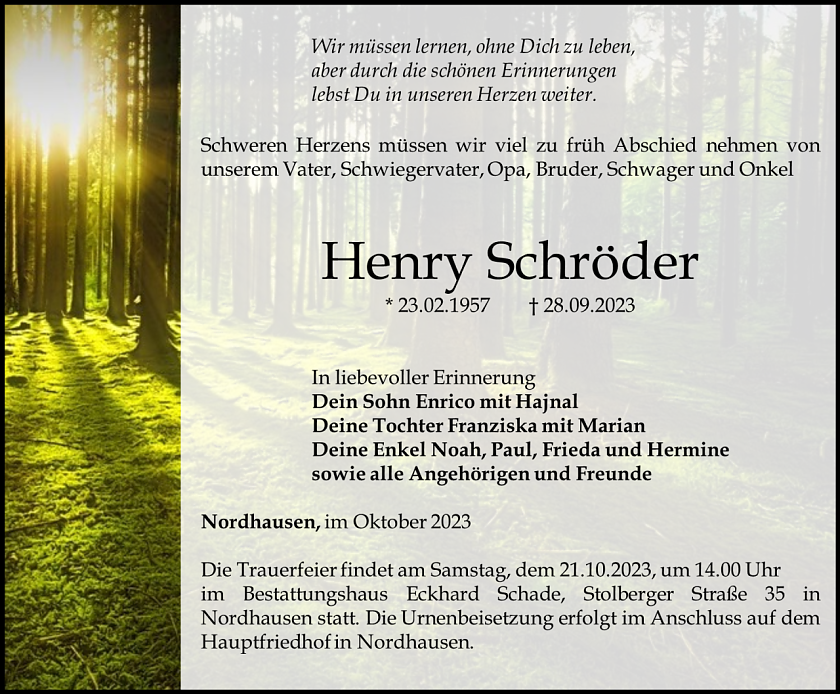 Traueranzeige Henry Schr&ouml;der (Foto: Bestattungshaus Schade)