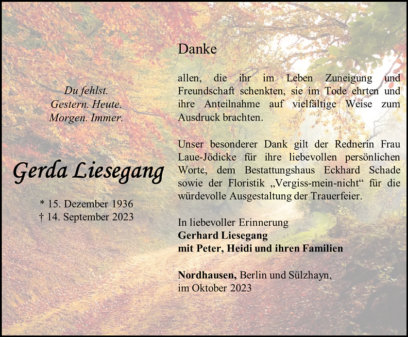 Danksagung Gerda Liesegang (Foto: Bestattungshaus Schade)