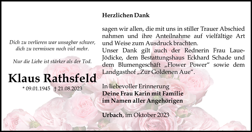 Danksagung Klaus Rathsfeld (Foto: Bestattungshaus Schade)