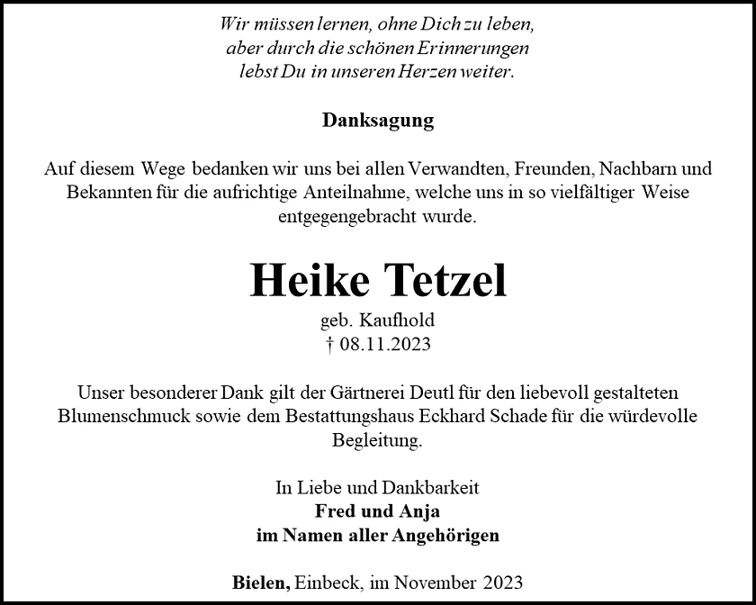 Danksagung (Foto: Bestattungshaus E. Schade)