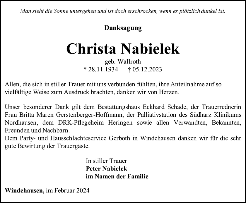 Danksagung Christa Nabielek (Foto: Bestattungshaus Eckhard Schade)