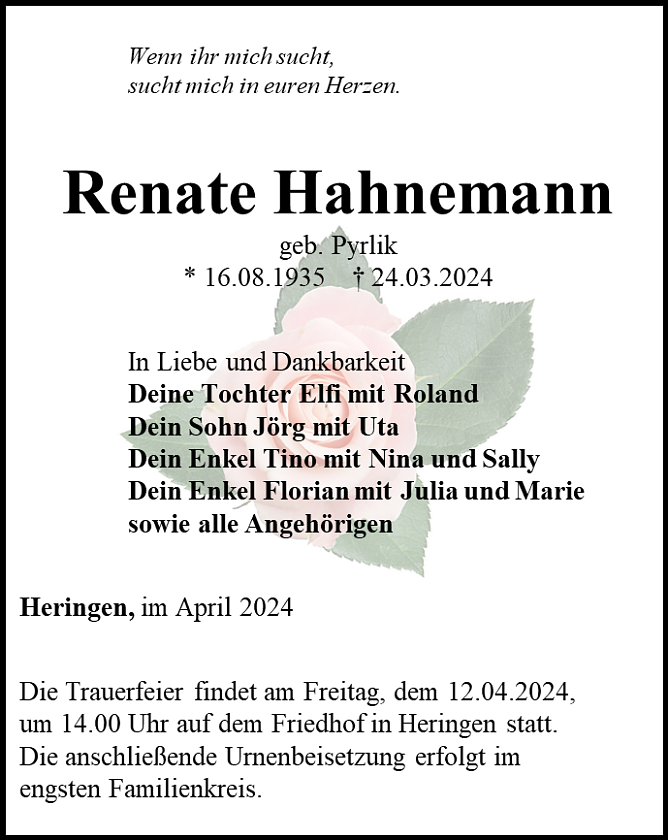 Traueranzeige (Foto: Bestattungshaus Schade)