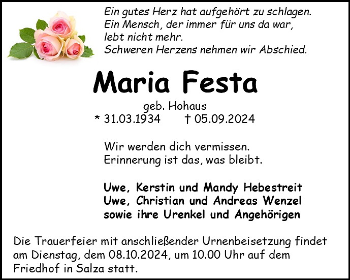 Traueranzeige (Foto: Bestattungshaus Schade)