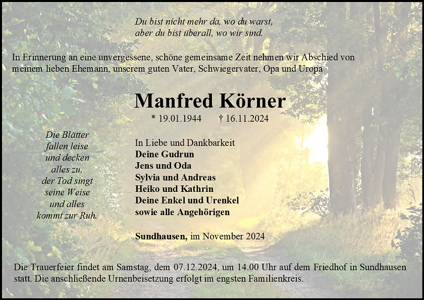 Traueranzeige (Foto: Bestattungshaus Eckhard Schade)