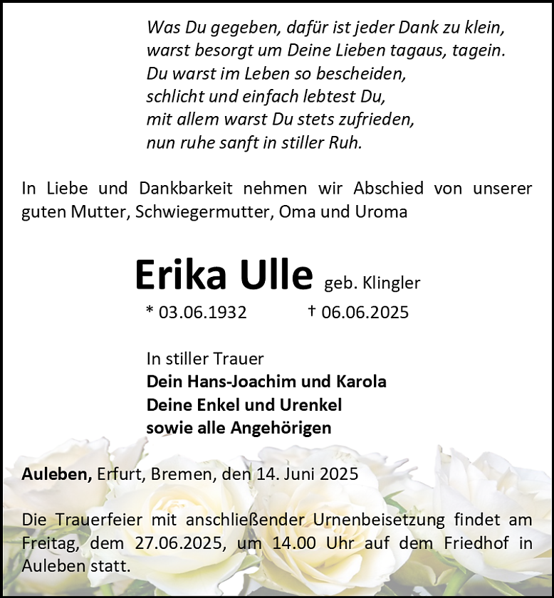 Traueranzeige (Foto: Bestattungshaus Eckhard Schade)