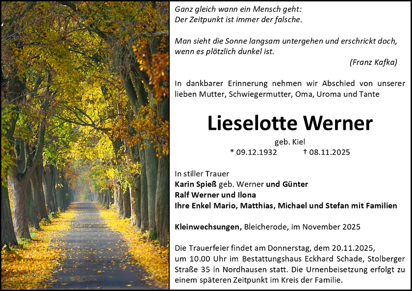 Traueranzeige (Foto: Bestattungshaus E. Schade)