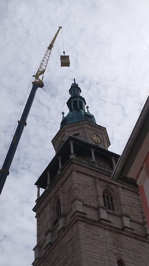 Bauarbeiten am Turm der Marktkirche in Bad Langensalza