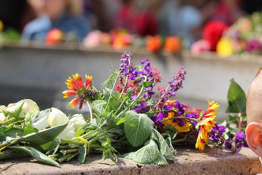 Auftakt zum Brunnenfest in Bad Langensalza mit vielen bunt geschm&uuml;ckten Kindern am Rathausbrunnen