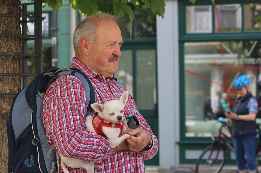 Auftakt zum Brunnenfest in Bad Langensalza mit vielen bunt geschm&uuml;ckten Kindern am Rathausbrunnen